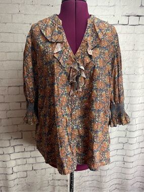 Sundance size large Jeanie ruffle blouse blue and brown